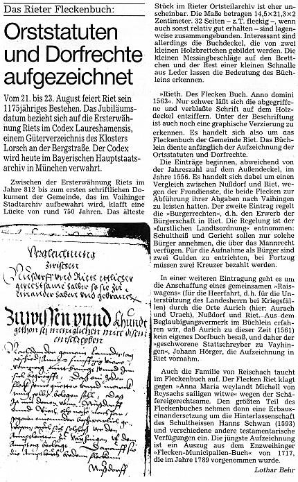 Zeitungsbericht: Das Rieter Fleckenbuch